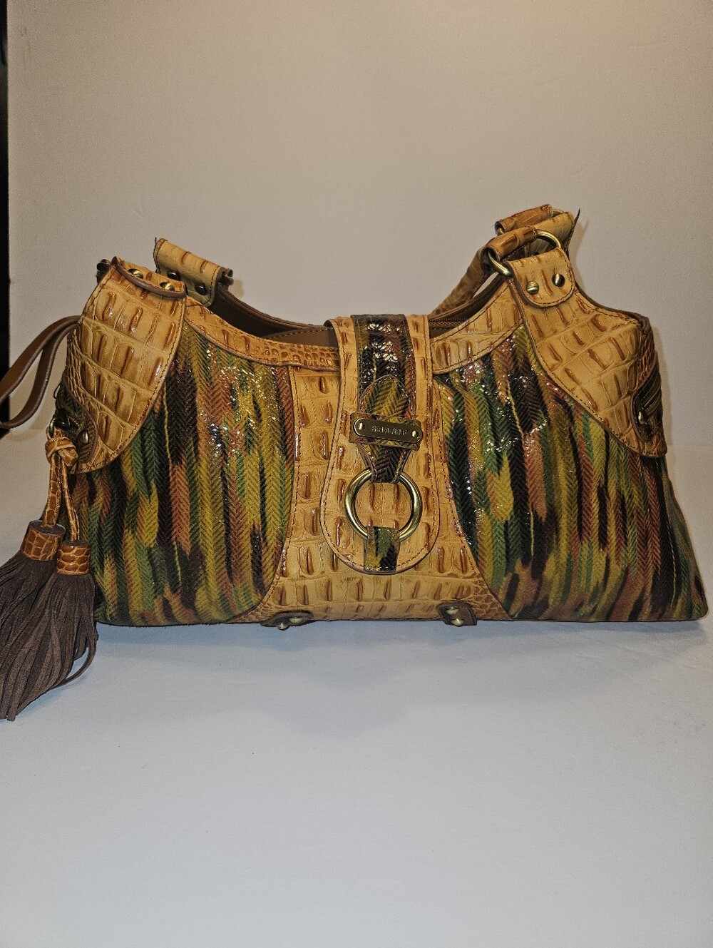 Sharif Studio Leather Shoulder Bag Multicolor Reptile Embossed with Tassels